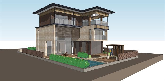 某现代滨海度假独栋别墅建筑设计方案SU模型（附CAD图纸、效果图）(3)