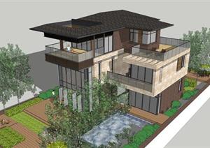 某东南亚风格独栋别墅建筑设计SU(草图大师)模型（附CAD图纸）