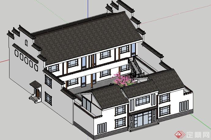 某古典中式独栋别墅建筑设计SU模型(1)