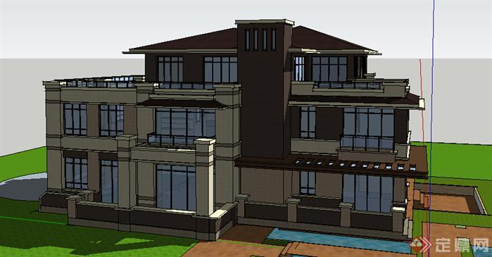 某新古典独栋别墅建筑设计方案SU模型(1)
