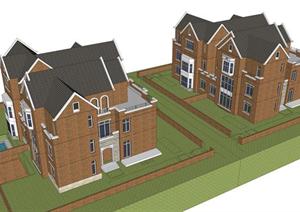 某英伦风格双拼别墅建筑设计方案SU(草图大师)模型（附CAD平面图）