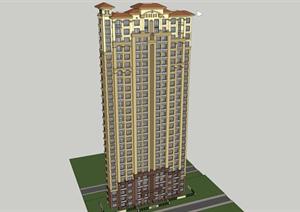 某欧式高层住宅楼建筑设计方案SU(草图大师)模型(附CAD建筑图纸）