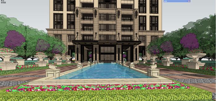 某新古典高层公寓建筑设计方案SU模型（带入口水景方案）(1)