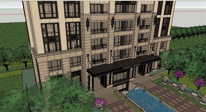 某新古典高层公寓建筑设计方案SU模型（带入口水景方案）(6)