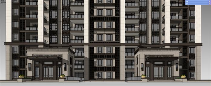 新中式一梯两户高层公寓SU精致模型（含户型平面）(5)