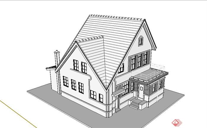 美式风情独栋别墅建筑设计SU模型(1)