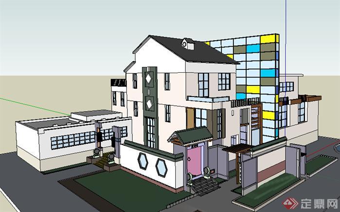某现代独栋别墅建筑设计方案SU模型5(1)