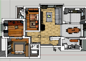 某现代风格室内设计住宅三居室SU(草图大师)模型素材