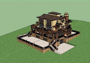 某欧式风格独栋别墅建筑方案设计SU(草图大师)模型素材