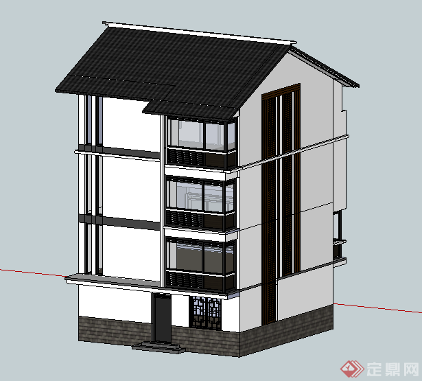 某古典中式独栋别墅建筑设计SU模型素材(1)