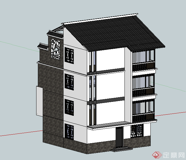 某古典中式独栋别墅建筑设计SU模型素材(2)