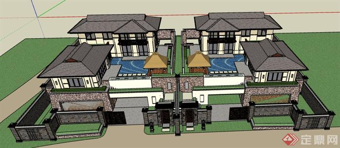 某东南亚风格双拼别墅建筑设计SU模型(1)