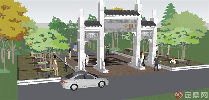 某现代中式公园入口牌坊设计方案SU模型(1)