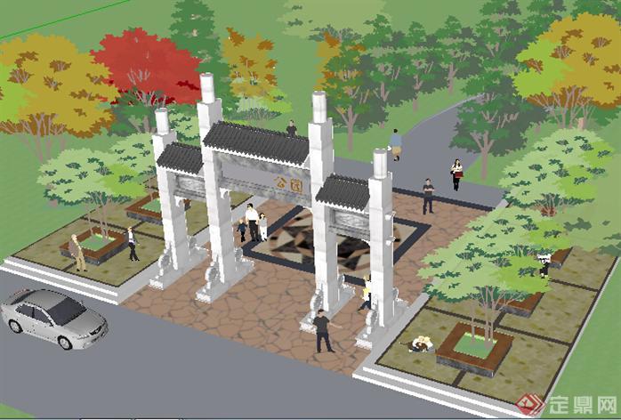 某现代中式公园入口牌坊设计方案SU模型(2)