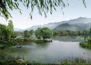 某现代风格滨水湖泊旅游区景观设计效果图PSD格式