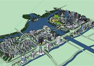 某现代风格中心城区规划设计SU(草图大师)模型素材（含效果图）