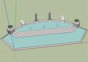 某现代的方形水池跌水景观设计SU(草图大师)模型素材