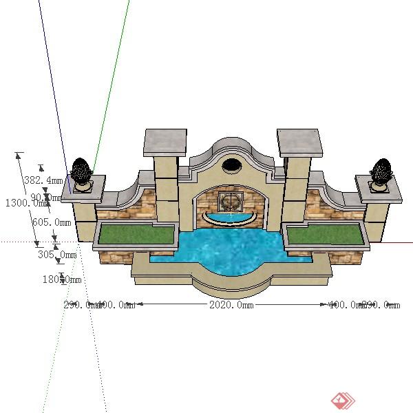 某欧式风格入口景观水景喷泉设计SU模型素材