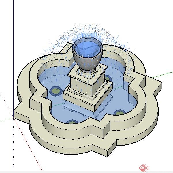 某欧式圆形喷泉水景水池设计SU模型素材