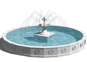 某欧式的圆形喷泉池喷泉设计SU(草图大师)模型素材