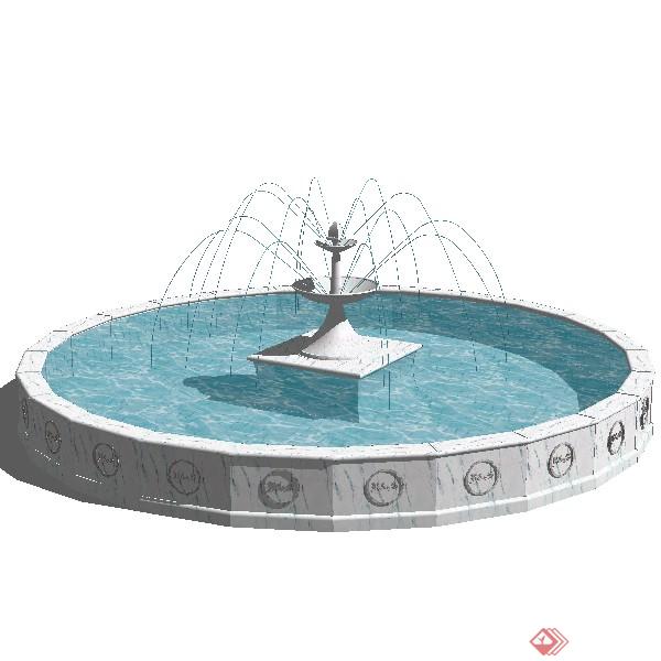 某欧式的圆形喷泉池喷泉设计SU模型素材