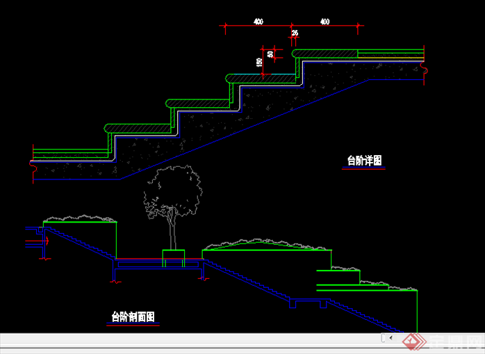 某现代风格园林景观台阶踏步施工图CAD图纸2(2)