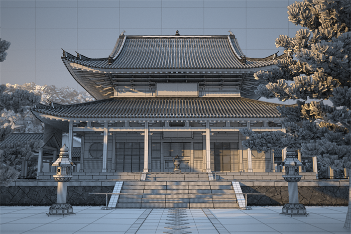 某大雄宝殿寺庙建筑设计MAX模型（含效果图）