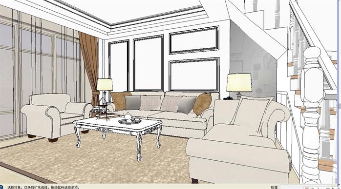 某美式室内装饰客厅、餐厅设计方案SU模型(1)