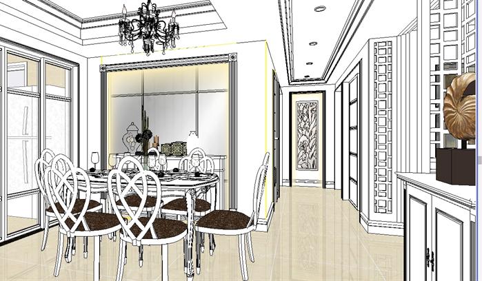 某美式室内装饰客厅、餐厅设计方案SU模型(5)