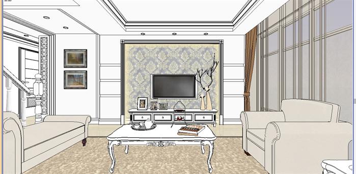 某美式室内装饰客厅、餐厅设计方案SU模型(6)