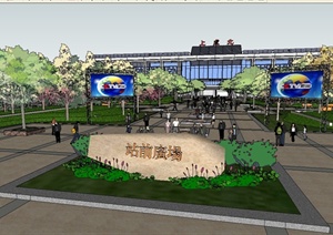 某高铁站建筑与站前广场景观设计SU(草图大师)模型