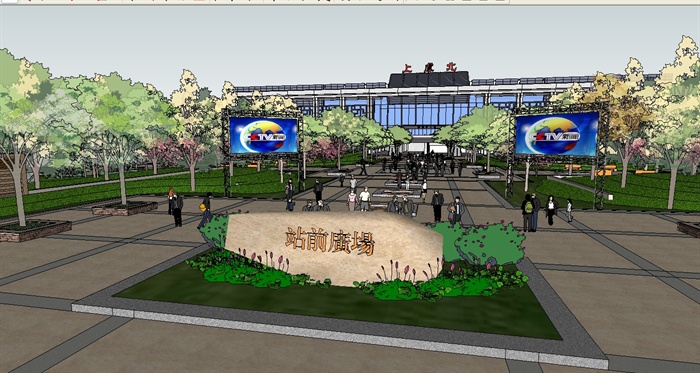 某高铁站建筑与站前广场景观设计SU模型