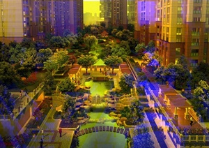 某现代住宅景观夜景中央景观设计效果图PSD格式