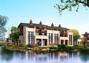 某别墅建筑滨水景观设计效果图PSD格式