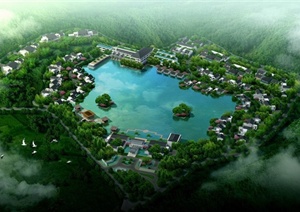 某旅游景区滨水湖泊景观鸟瞰效果图PSD格式