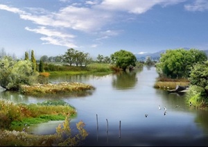 某园林景观湖泊滨水景观效果图PSD格式