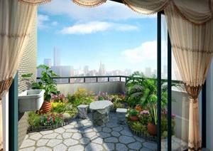 某现代屋顶花园凉台绿化效果图PSD格式