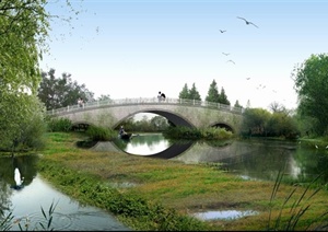 某中式风格湖泊公园石拱桥效果图设计PSD格式