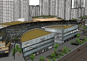 某现代风格多层商业建筑设计方案SU(草图大师)模型（带屋顶绿化）