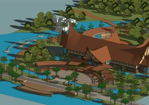 某东南亚风格旅游景观湖边小楼滨水景观SU(草图大师)模型