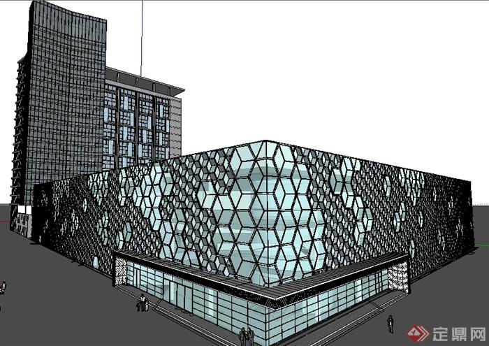 某现代科技展览馆水立方办公楼建筑设计SU模型(1)