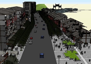 某新中式商业街规划设计SU(草图大师)模型1
