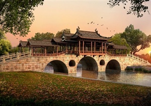 某古典中式旅游景观园桥设计效果图PSD格式