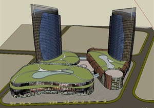 两栋商务大厦建筑设计SU(草图大师)模型