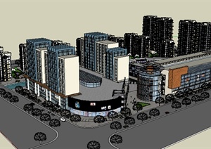 某现代风格多层临街大型商场商业建筑设计方案SU(草图大师)模型（含小区）