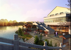 某休闲会所旅游景观滨水建筑景观效果图PSD格式