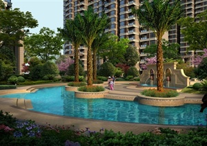园林景观之新古典住宅小区水池喷泉景观效果图（PSD格式）