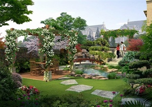 园林景观之新中式庭院花园小桥流水景观效果图（PSD格式）
