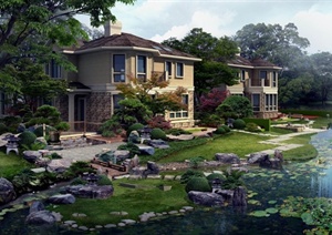 某现代居住别墅景观溪流设计效果图PSD格式