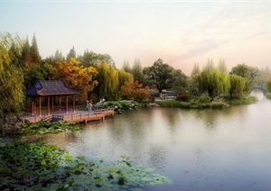 园林景观之滨湖水榭、景桥景观效果图（PSD格式）